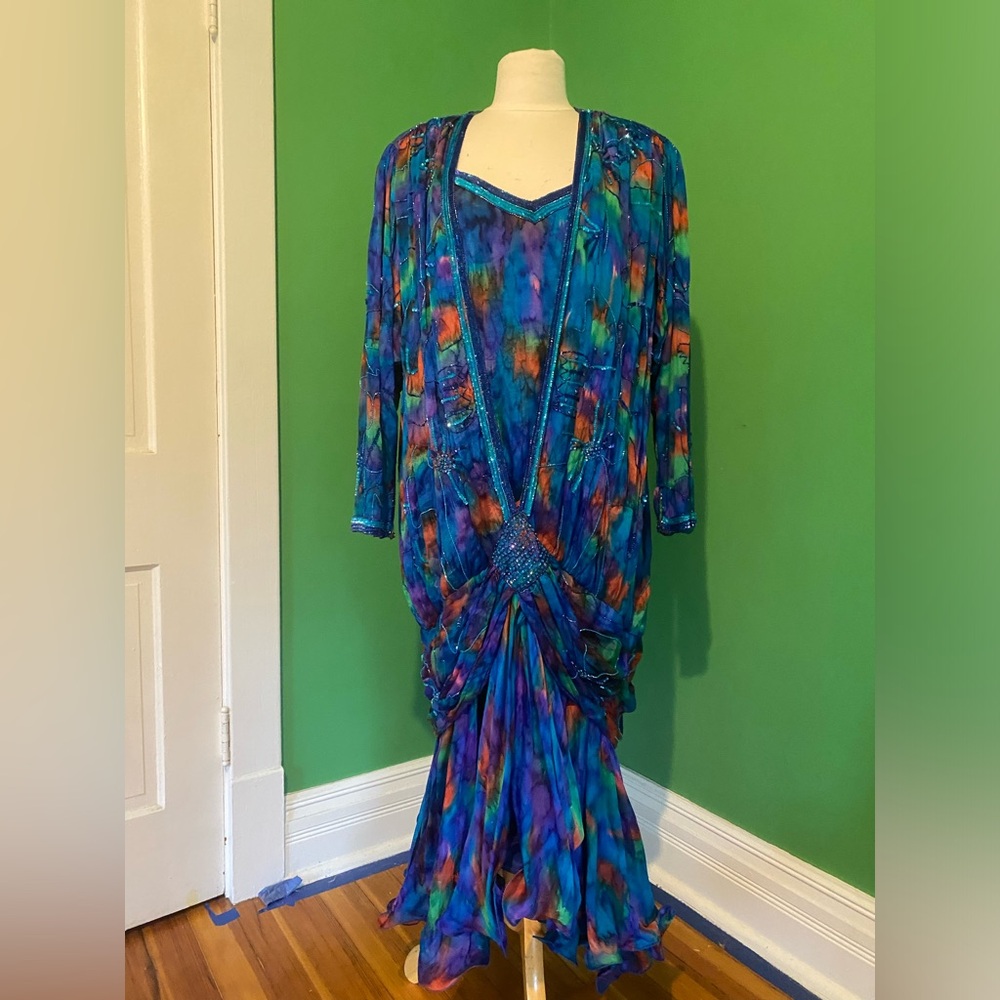 80s vintage Fantasy Lisa Kane silk beaded tie dye blue maxi ruffle costume dress